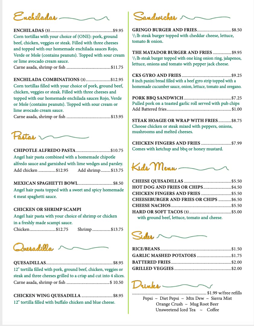 Menus CKs Cantina Dallas PA Mexican Cuisine